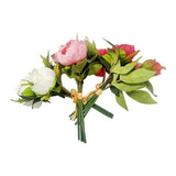 Artificial peony bouquet with pink and white blooms, green leaves, tied stems