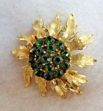 Vintage Sunflower Green Rhinestone Brooch 1.75