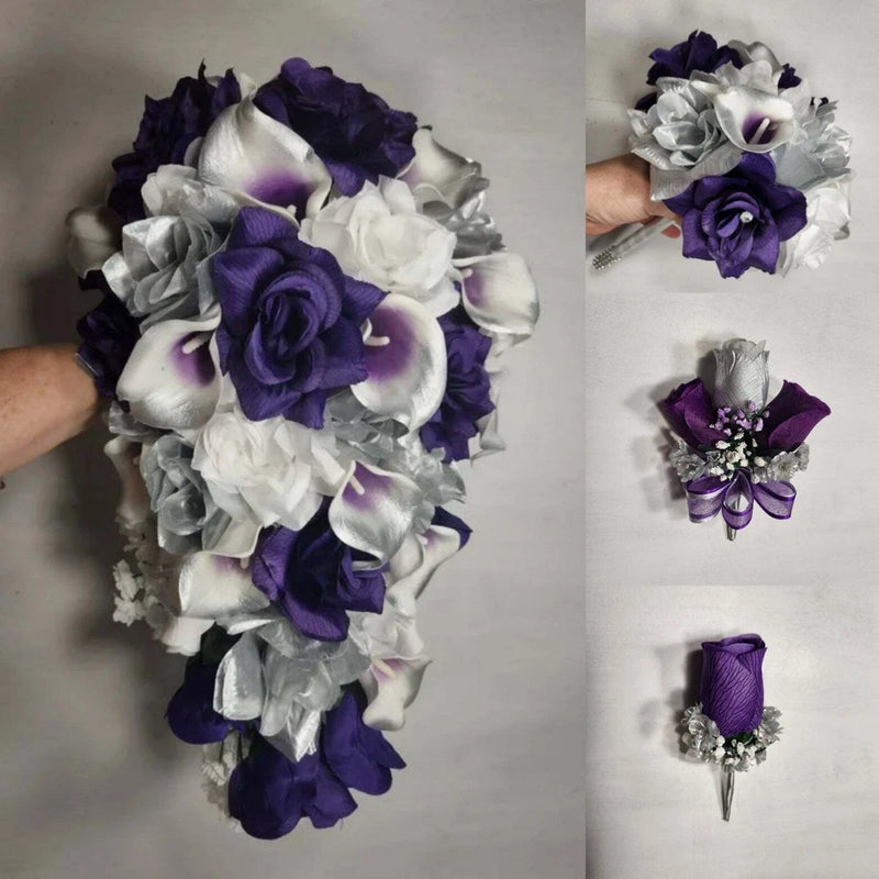 Purple Silver White Rose Calla Lily Bridal Wedding Bouquet Accessories Bouquet