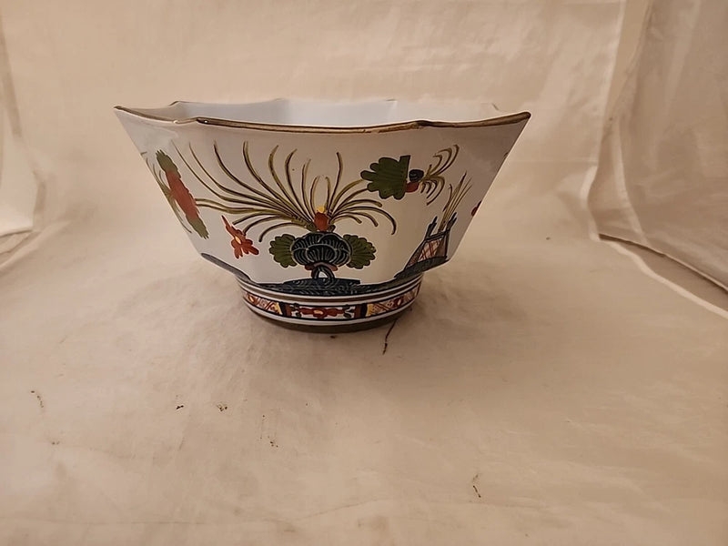 Vtg Sigma Faenza Lrg Ceramic BLUE CARNATION Octagon Bowl Gold Edge Made Italy Carnation