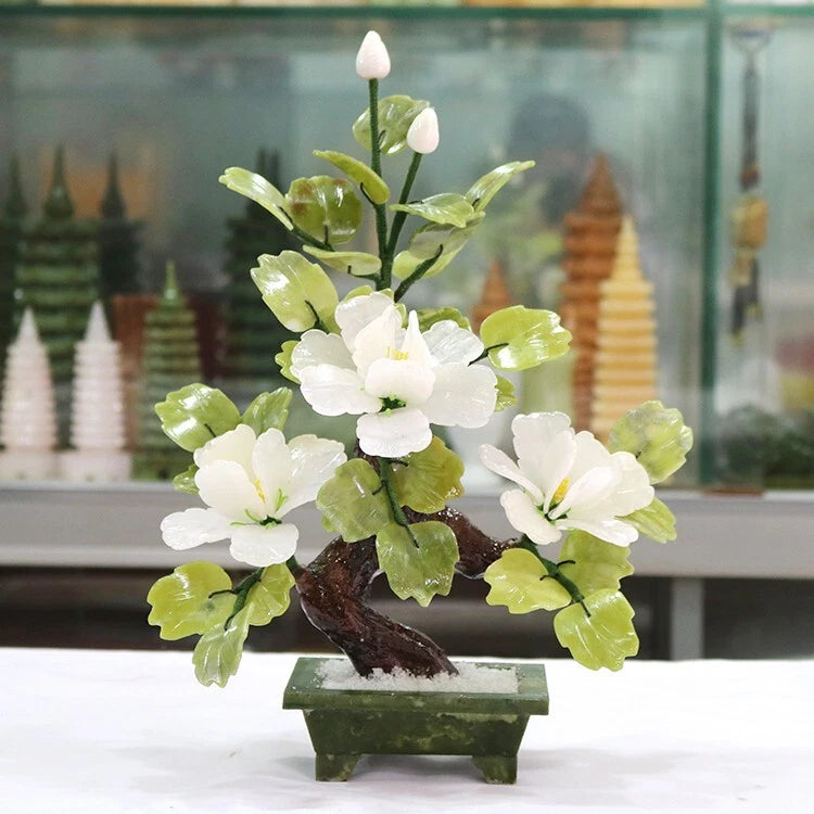 Natural Chinese Jade 3 Pure White Peony Flower Bonsai Flowering Feng Shui Decor Peony