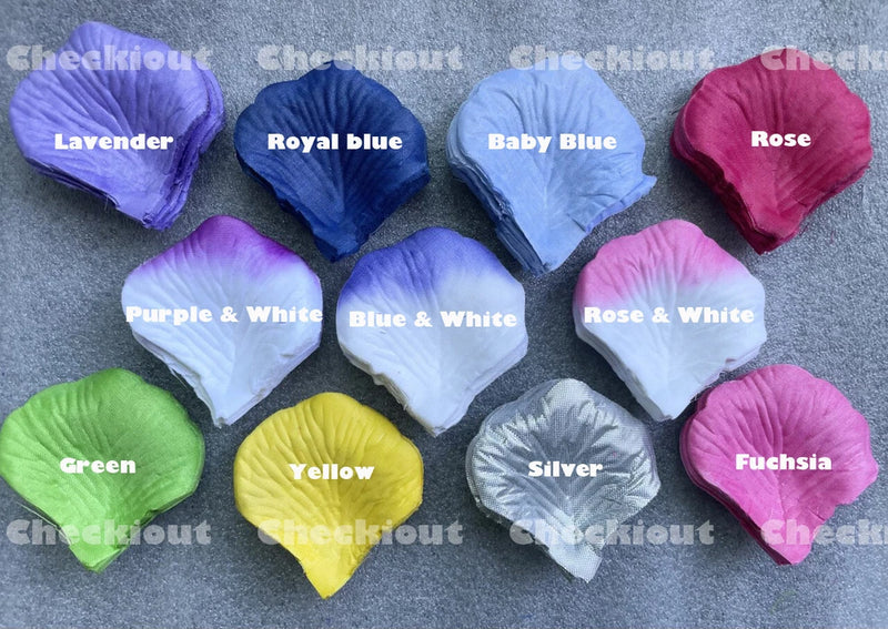 Silk rose petals in assorted colors, arranged in labeled color piles