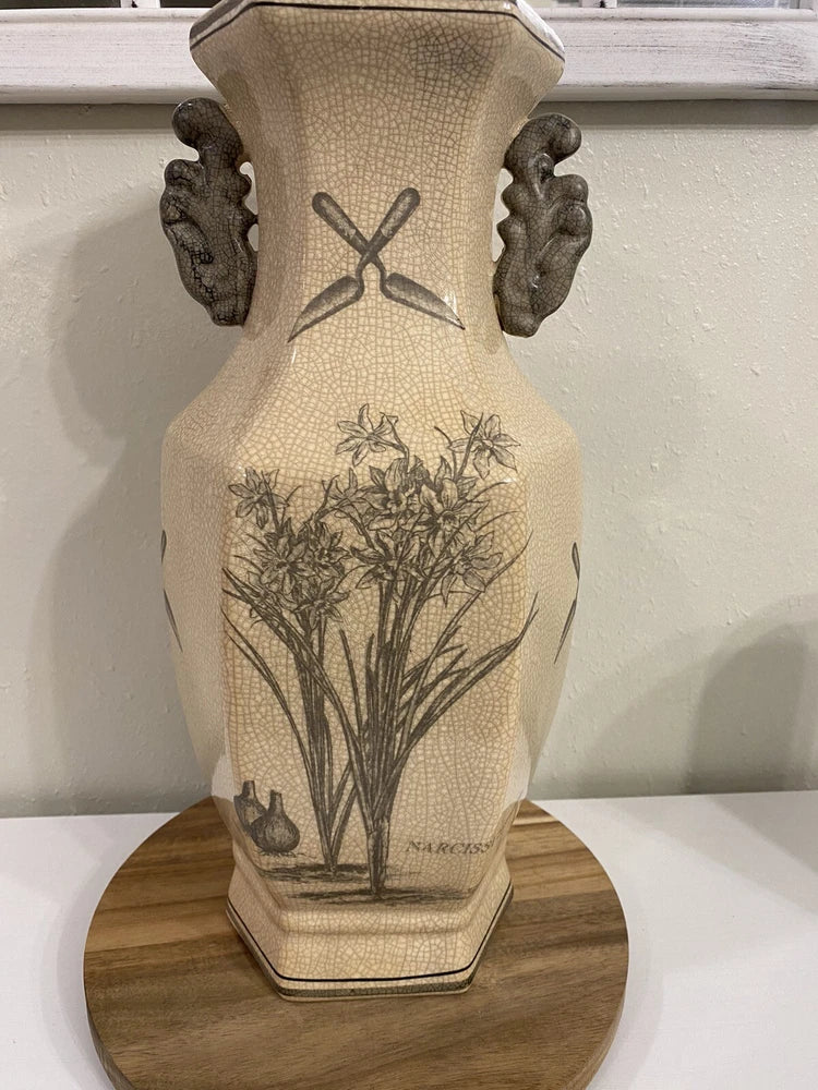 Vintage Cream Vase with Gray Floral Ranunculus Botanical Crackle 15" Ranunculus