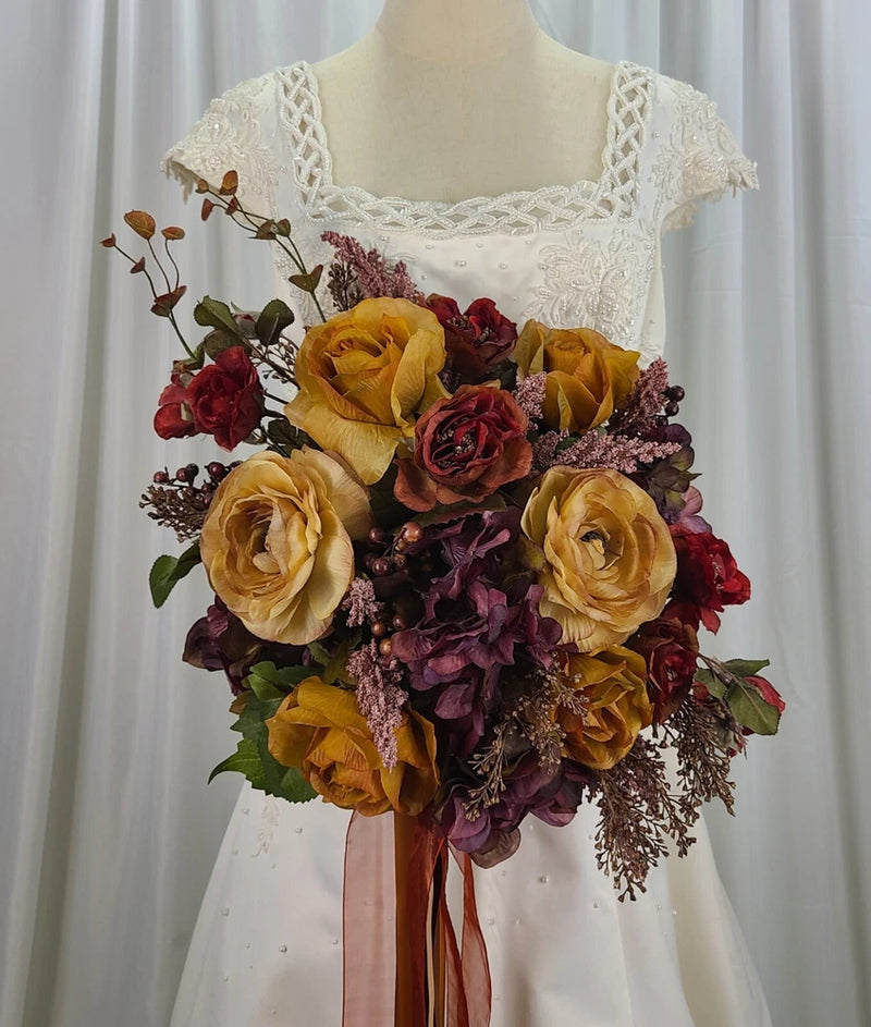 Deep Autumn Jewels Faux Silk Wedding Bouquet Ranunculus