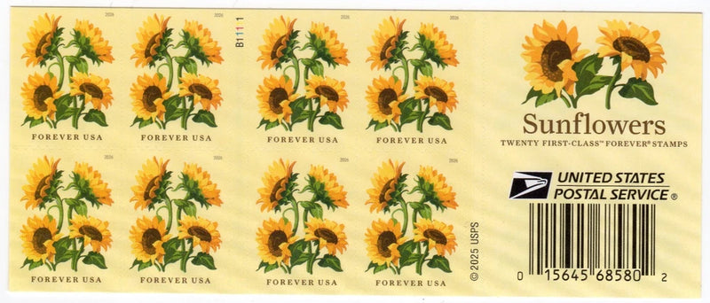 Sunflower stamp booklet pane with 8 Forever USA stamps, United States Postal Service