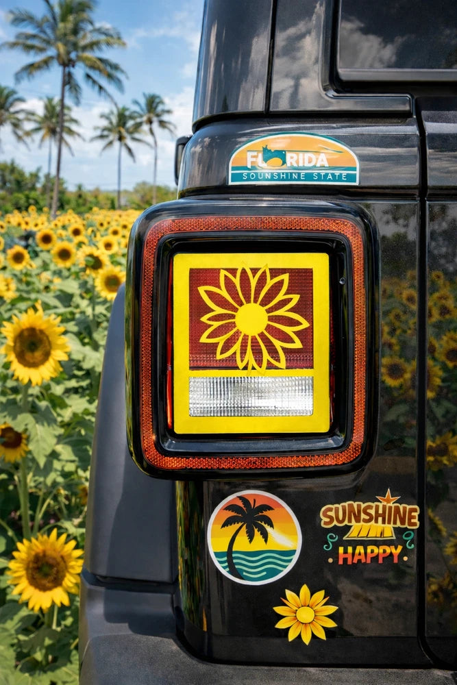 Yellow 3D sunflower rear tail light cover with black frame and square lens