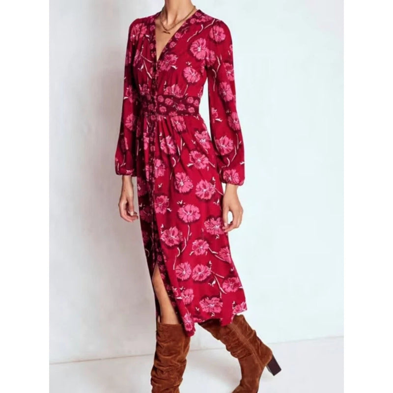 Red floral long-sleeve tea midi dress with V-neck and button front