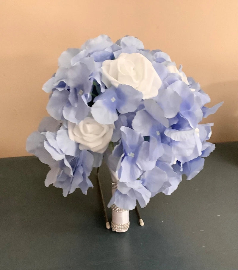 Periwinkle Hydrangea and white rose wedding bouquet Bouquet