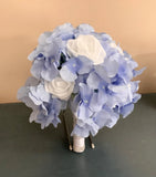Periwinkle Hydrangea and white rose wedding bouquet Bouquet