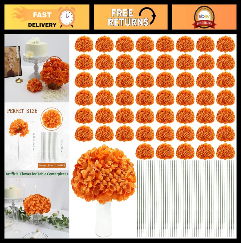 104 PCS Orange Faux Hydrangea Flowers with Stems - Silk Floral Arrangements for Hydrangea