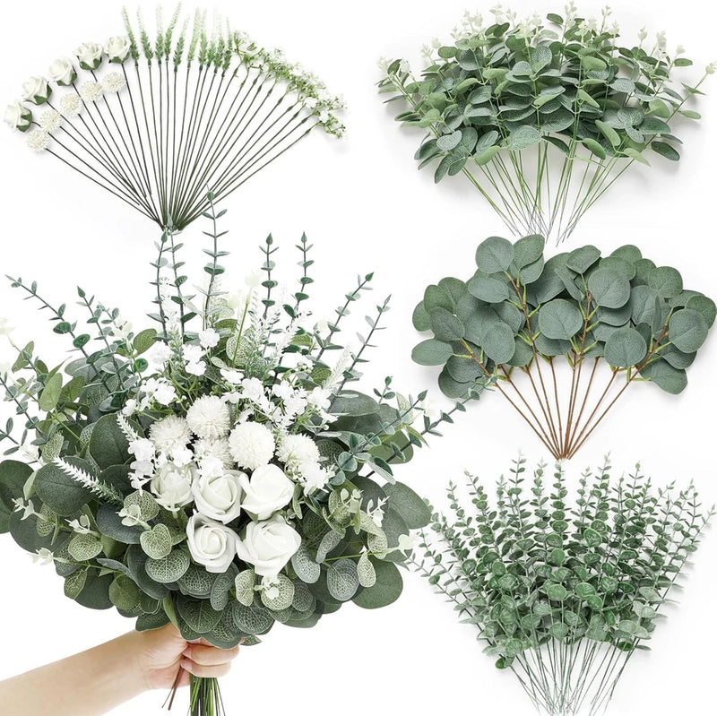Serwalin 100 Pcs 7 Kinds Mixed Artificial Eucalyptus Leaves Green-100pcs Green Plant