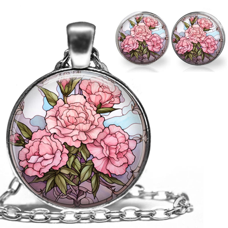 Floral stained-glass style necklace pendant and matching round stud earrings, pink flowers