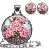 Carnation January Birth Month Flower Faux Stained Glass Necklace & Earrings Set Carnation