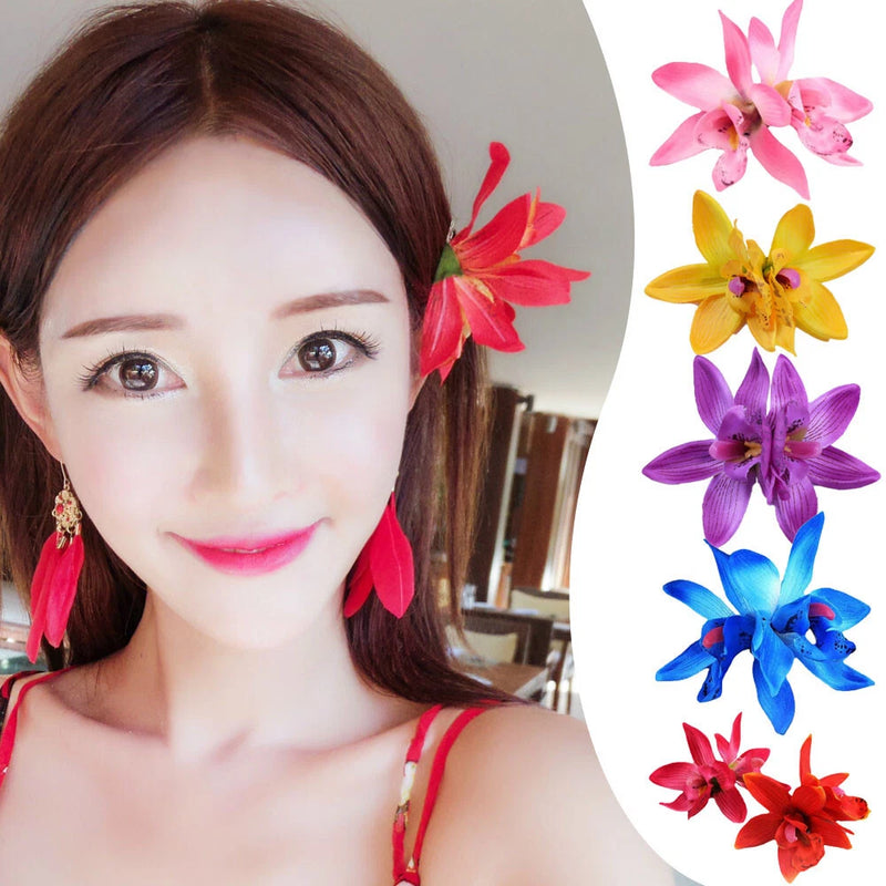 Double-flower lily-style hair pins in blue, purple, yellow, and red