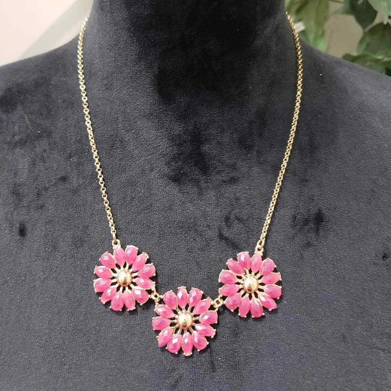Women's Pink Beaded Sun Flower Gold Tone Statement Necklace Sunflower