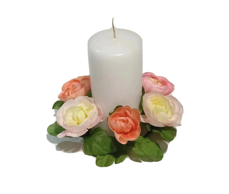 Spring Ranunculus 7" Candle Ring 4" Inside Silk Flower Pillar Taper Votive #2239 Ranunculus