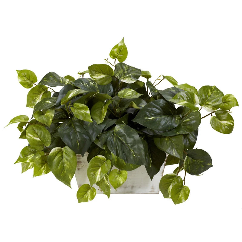 SILK POTHOS PLANT w/ WHITE WASH PLANTER POT ARTIFICIAL HOME ARRANGEMENT DECOR Green Plant