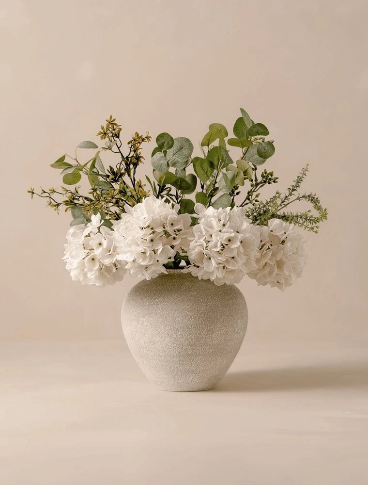 Contempee Spring Faux Arrangement - Eucalyptus & White Hydrangea Hydrangea
