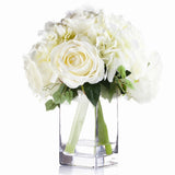 Silk Rose and Hydrangea Flower Arrangement in Glass Vase with Acrylic Water Hydrangea