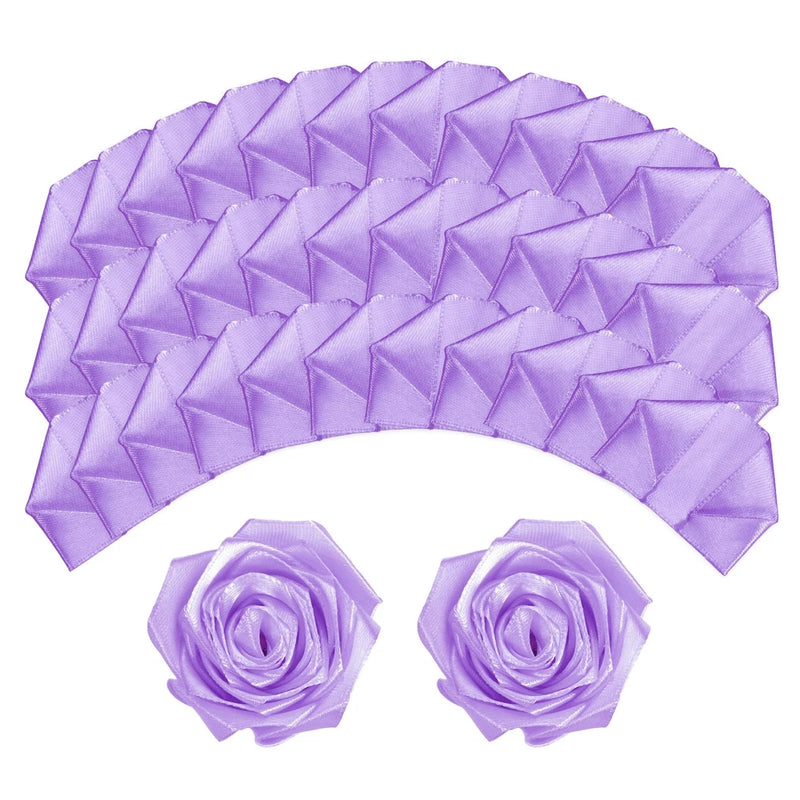 Purple satin ribbon rose petals with two small rolled rose flowers, round bundle