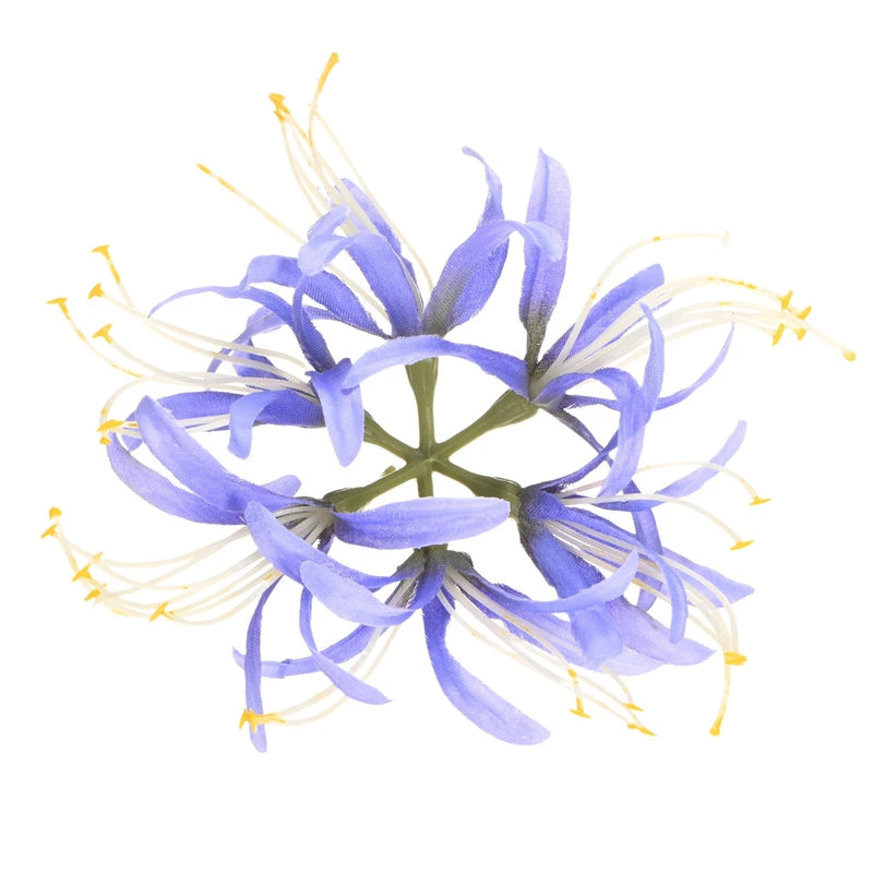 Artificial spider lily flower head, purple-blue silk petals with yellow stamens