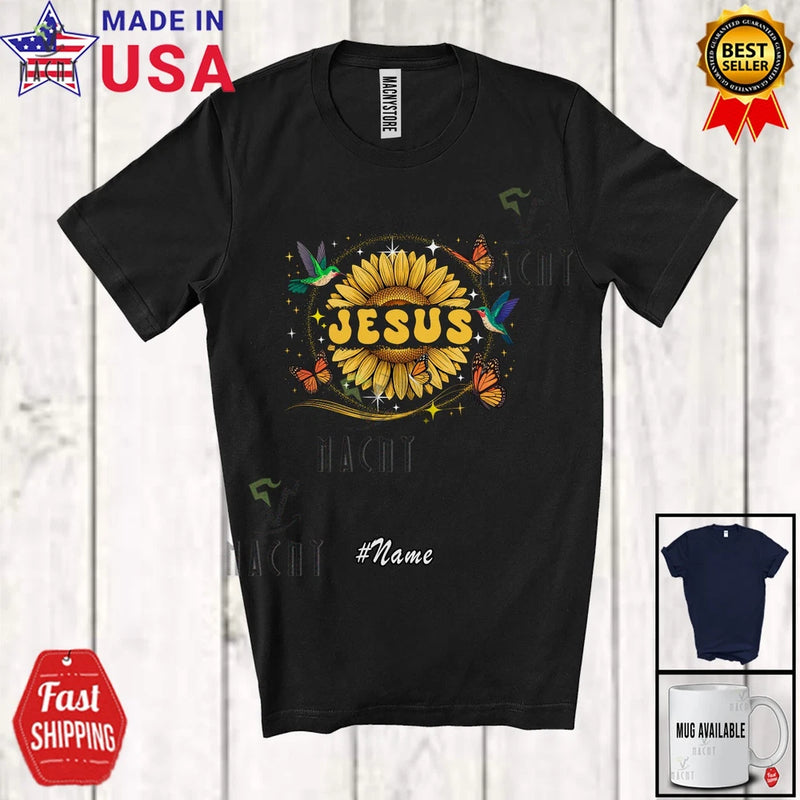 Black T-shirt with Jesus graphic, sunflower design, hummingbirds and butterflies
