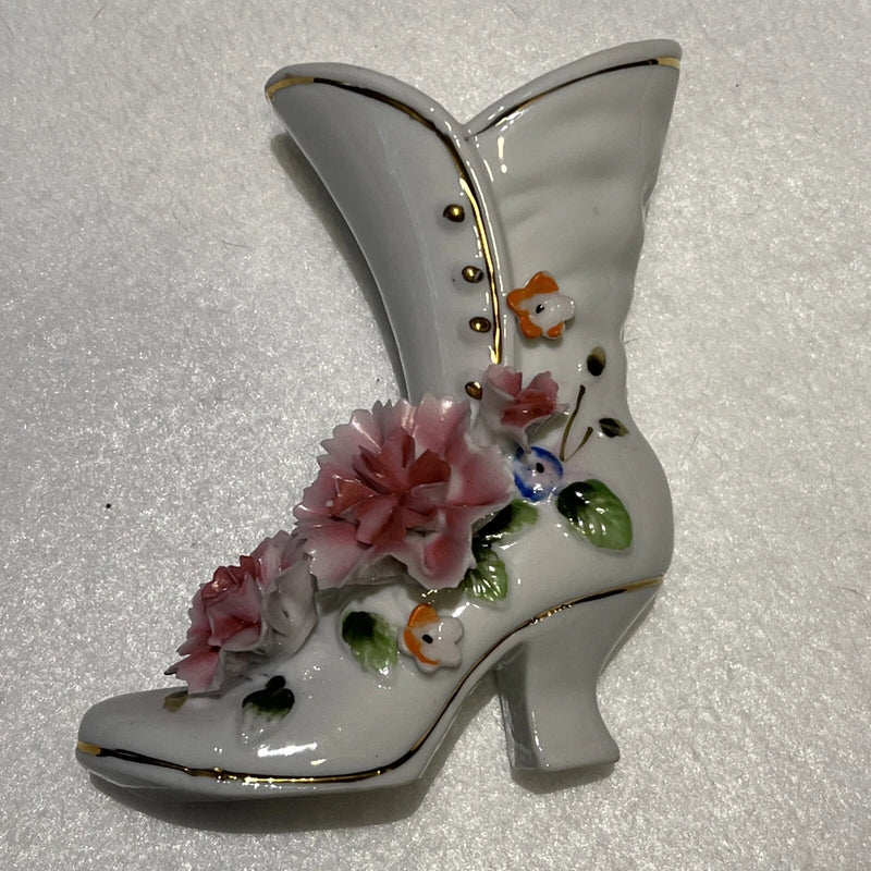 Vintage Royal Crown Porcelain Boot Vase Applied Floral Pink Carnation Flowers Carnation