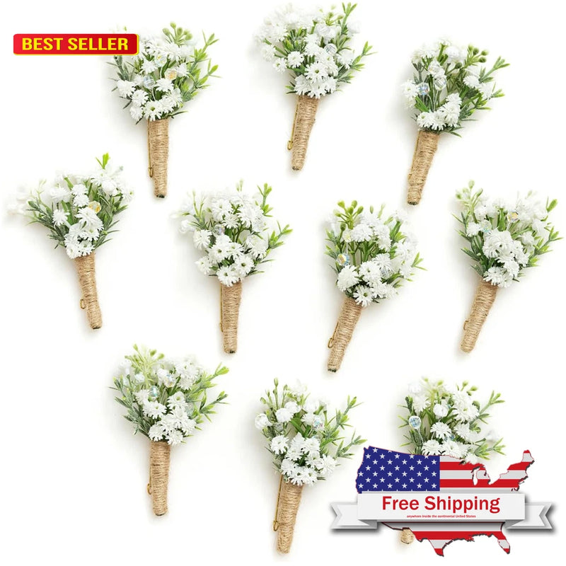 Ling's Moment Artificial Flowers Boutonniere 10pcs White Baby Breath Wedding Bouquet