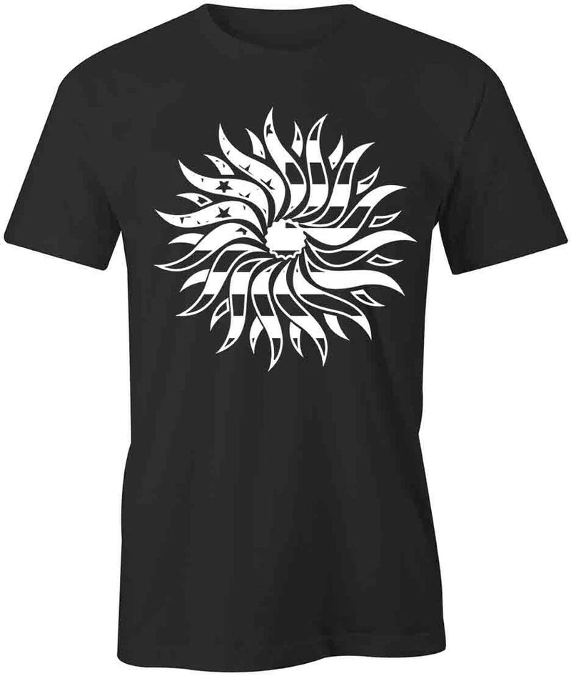 Black short-sleeve cotton T-shirt with white sunflower graphic