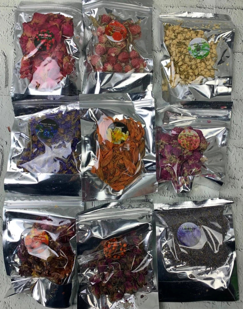 Natural dried flower herb kit with assorted dried blooms in small foil packets