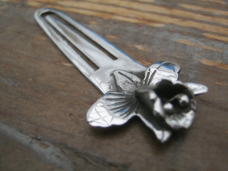 Sterling silver 925 lily flower bookmark with metal stem and loop