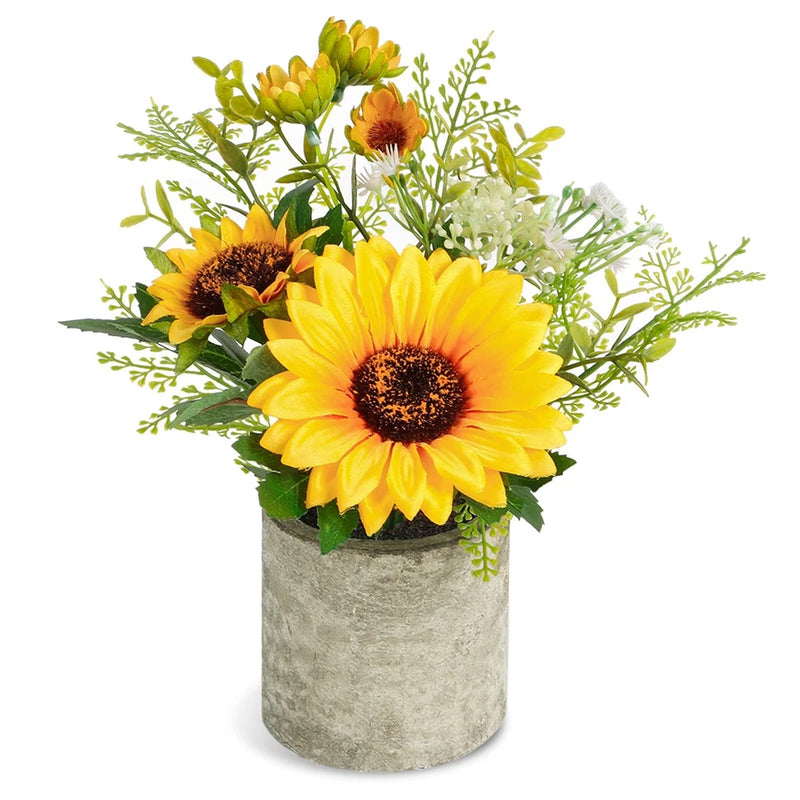 Artificial sunflower flower arrangement in gray concrete-style pot with yellow blooms