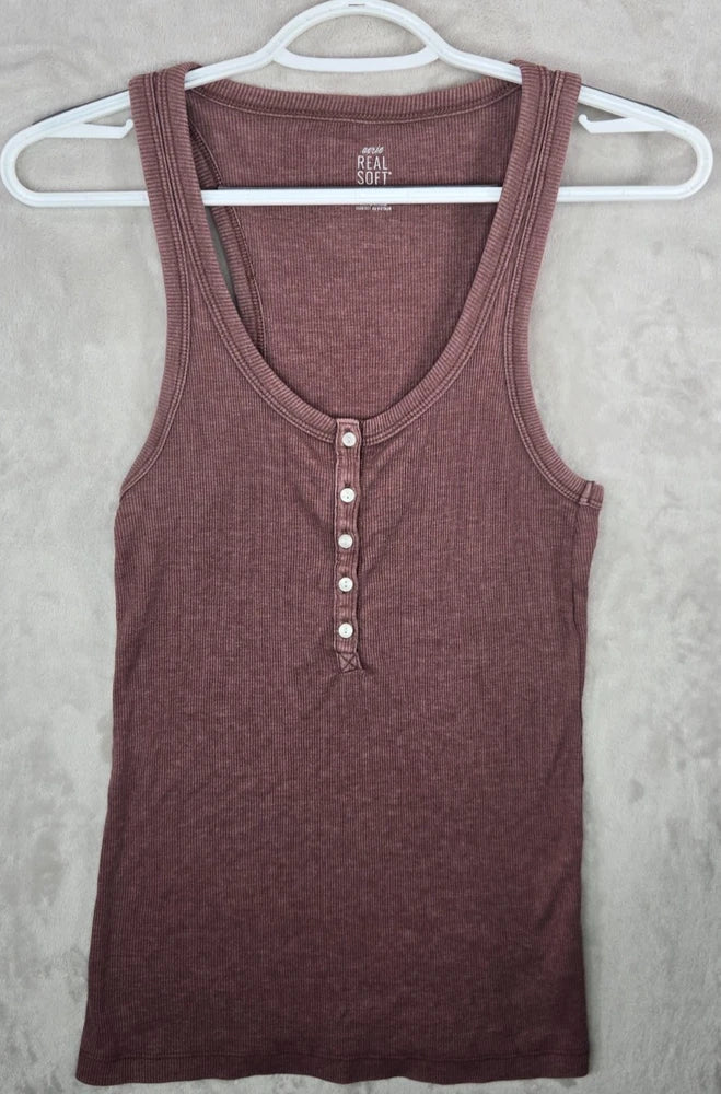 Henley tank top with ribbed racerback and front button placket, dark mauve