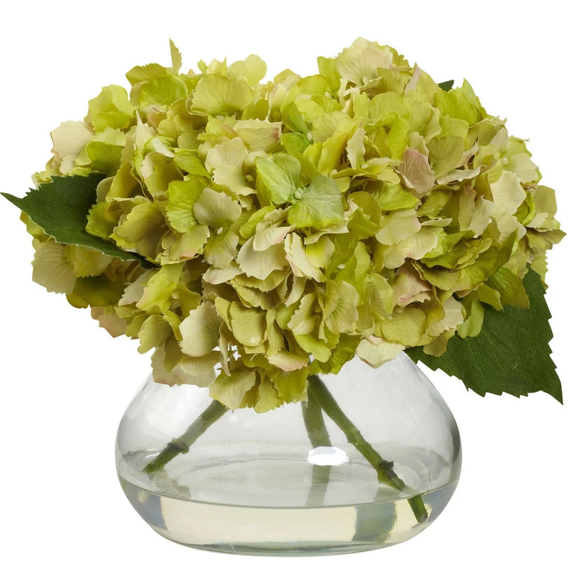 GREEN BLOOMING SILK HYDRANGEA ARTIFICIAL FLORAL FAKE FLOWER ARRANGEMENT w/ VASE Hydrangea