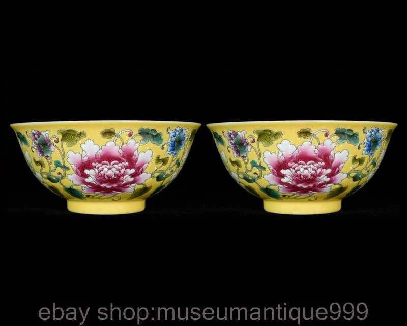 6" Kangxi Marked Chinese Colour enamels Porcelain Peony Flower Bowl Pair Peony