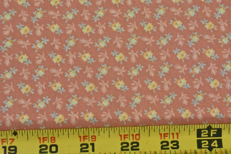 By 1/2 Yd, Vintage, Pink Yellow & Green Calico on Dusty-Orange Quilt Cotton,V219 Flowering Plants