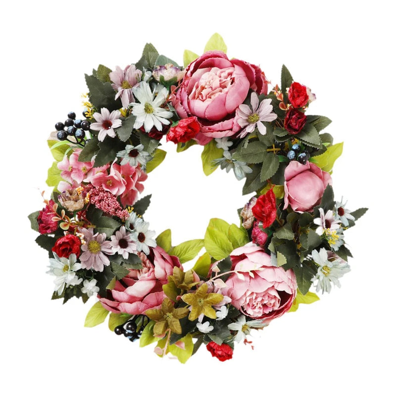 Artificial peony wreath garland with pink flowers, red accents, and green leaves