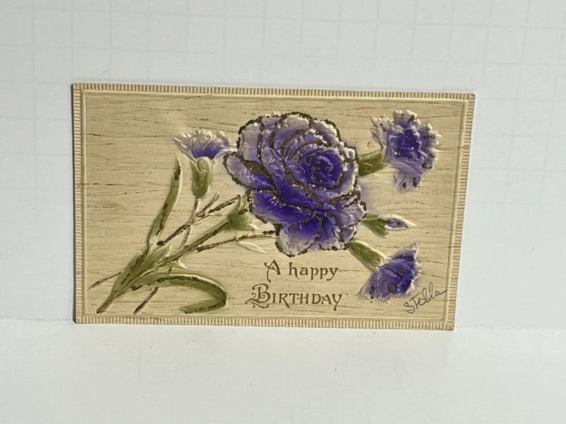 Postcard Happy Birthday Greeting Glitter Carnation Flower A56 Carnation