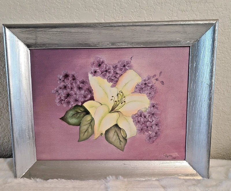 Original Signed Vintage Framed Oil Painting Yellow Lilly & Hydrangeas Hydrangea