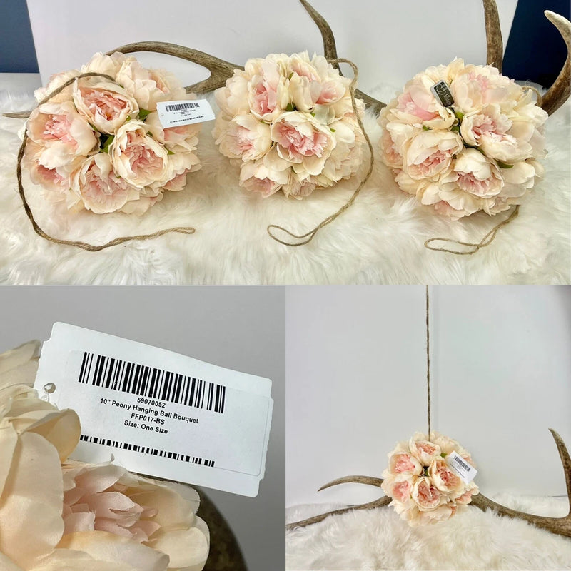 Set of 3 blush and cream peony kissing ball hanging floral bouquets with tags