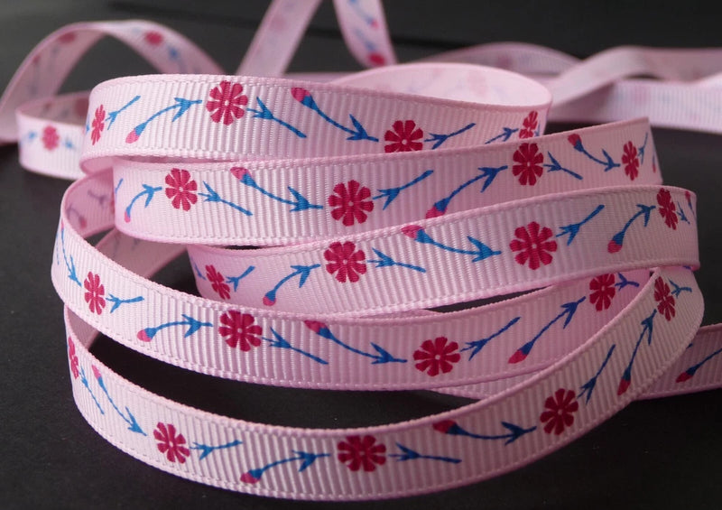 3/8"  red Carnation Flower on pink grosgrain RIBBON 1 yd party wrap gift bow Carnation