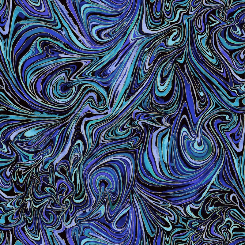 Timeless Treasures - Escapade - Abstract Marble W/ Metallic Gold - Indigo, BTY Flowering Plants
