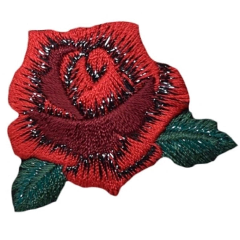 Small red rose applique patch with embroidered petals and dark green leaves, iron-on back