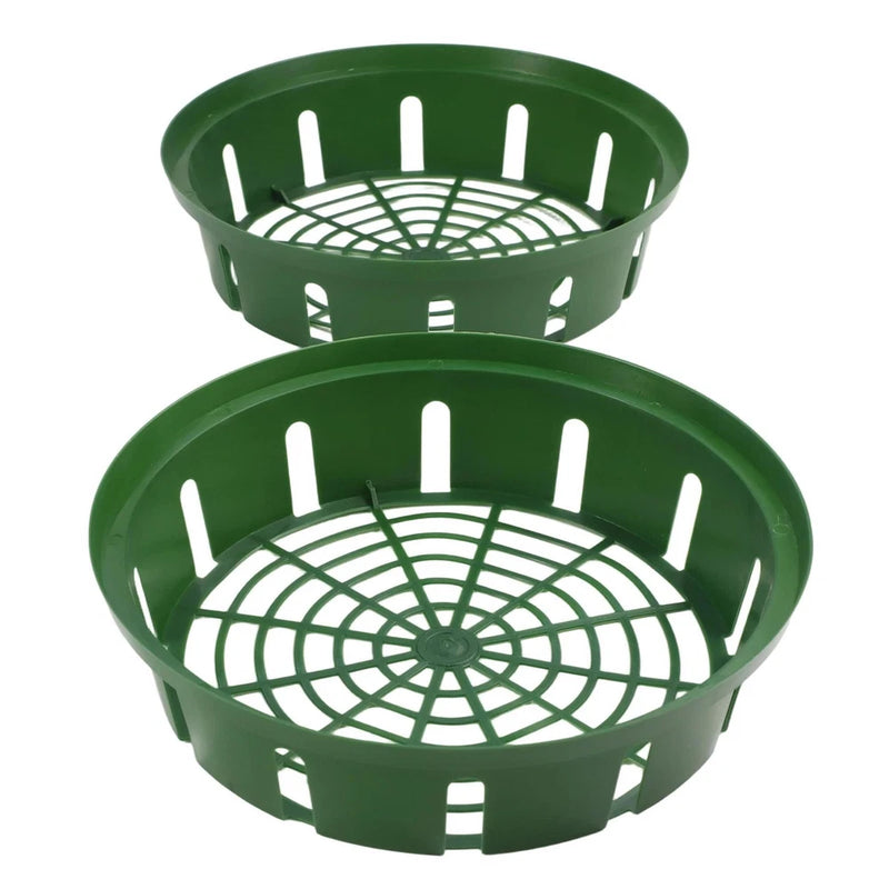 Set of 6 green plastic bulb baskets, mesh bottom; two stacked