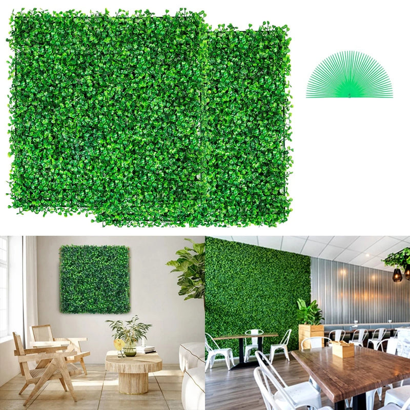 Green artificial plant hedge wall panel set with dense leafy texture for indoor/outdoor walls