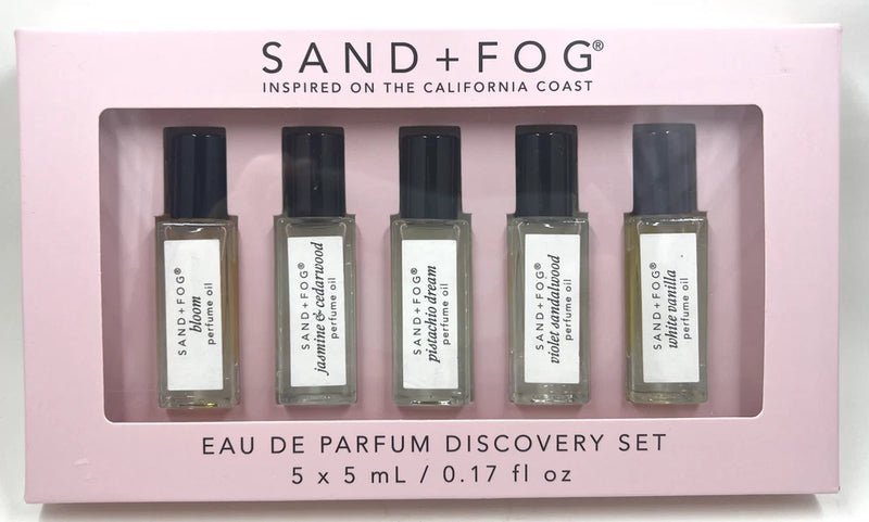 5pc Sand + Fog Perfume Oil EDP Rollerball Discovery Set Bloom, White Vanilla + EDP