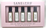 5pc Sand + Fog Perfume Oil EDP Rollerball Discovery Set Bloom, White Vanilla + EDP