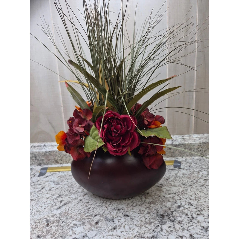 Autumn Harvest Floral Arrangement Burgundy Rose Hydrangea Grass Vase Hydrangea