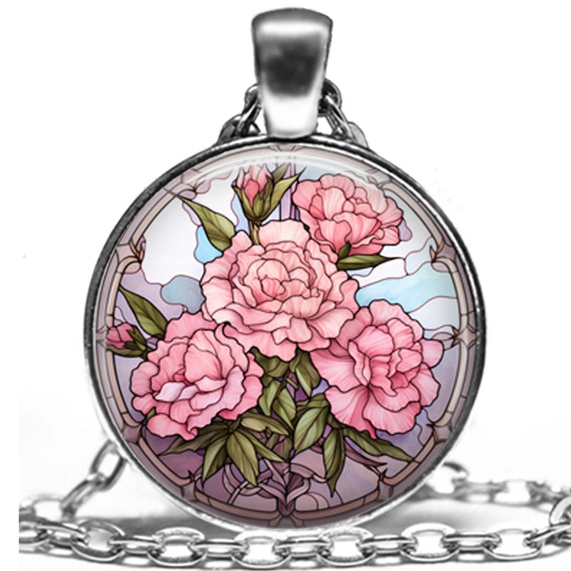 Floral faux stained glass necklace with round pendant, pink carnation flower, silver chain