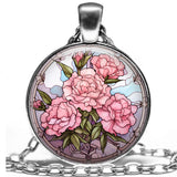 Carnation Floral Faux Stained Glass Art January Birth Month Flower Necklace 24" Carnation